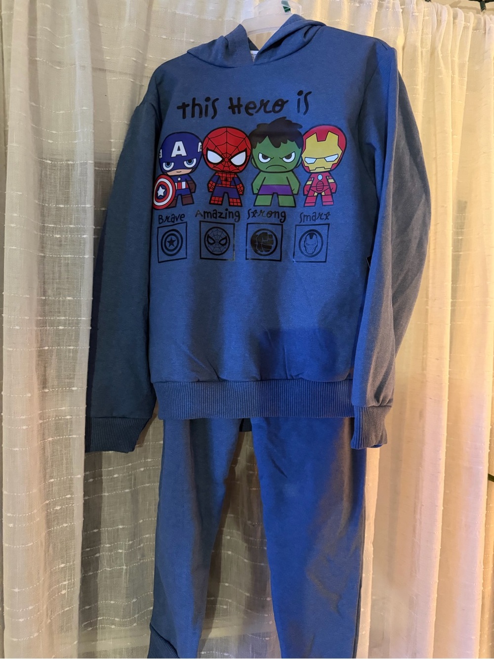 Marvel Blue Hoodie and Pants Set with Colorful Superhero Icons